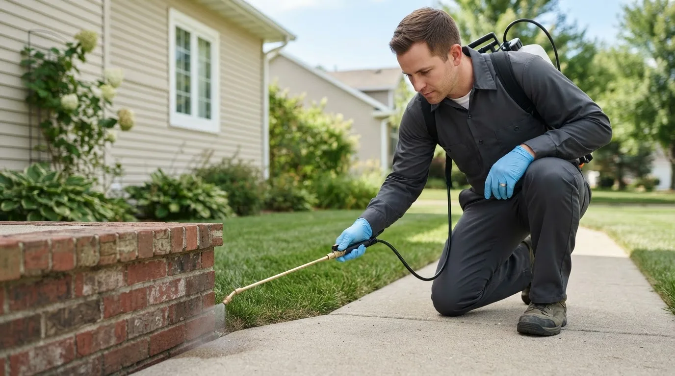 Pest control technician treating a home near Newtonville, MA