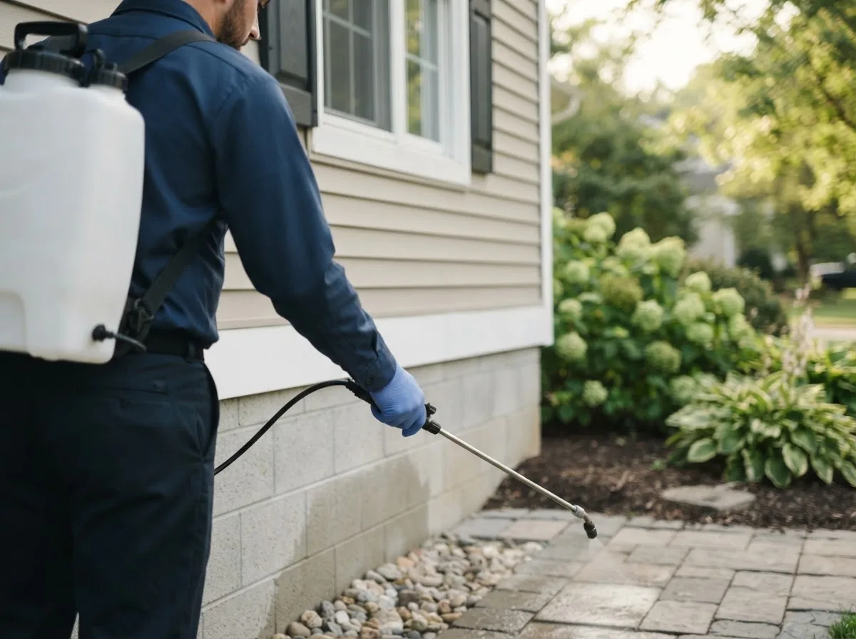 Pest control technician inspecting a home in Newtonville, MA